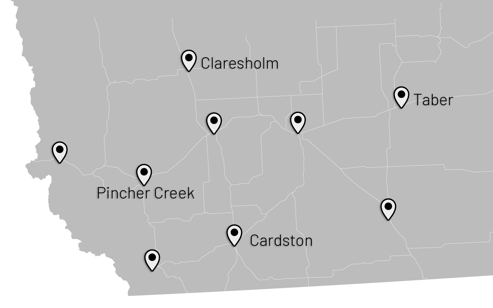 Map of D.A. Electric's southern Alberta electrical contractor service area, showing Lethbridge, Taber, Cardston, Pincher Creek, and Claresholm